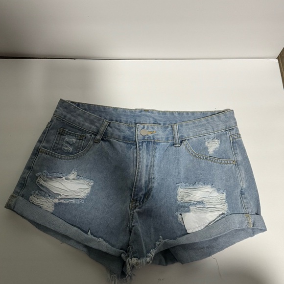 SHEIN Blue Distressed Jean Shorts with Cuffed Hem - Picture 1 of 3
